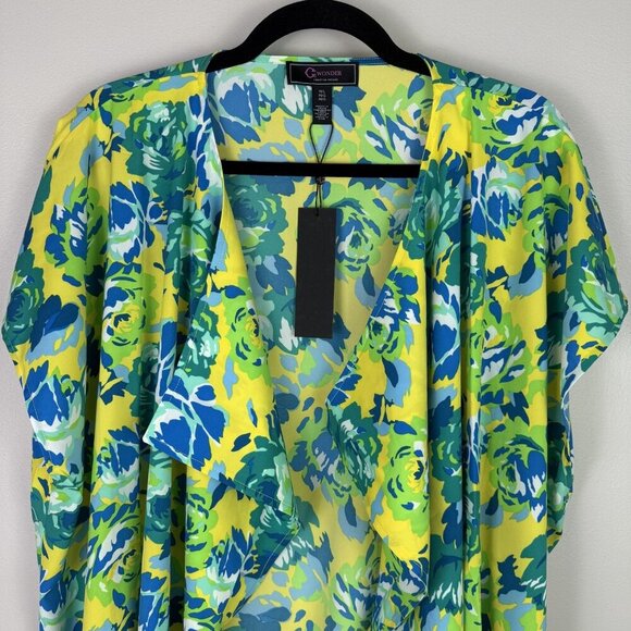 C Wonder Kimono Womens Medium Large Yellow Blue Green Floral Sheer Open Cardigan - Picture 5 of 7